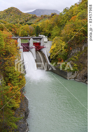 見頃を迎えた沙流川渓谷 岩知志ダムの紅葉（北海道 日高） 83457968
