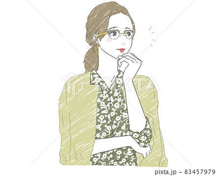 頬に手を当てて考え事をしている女性 83457979