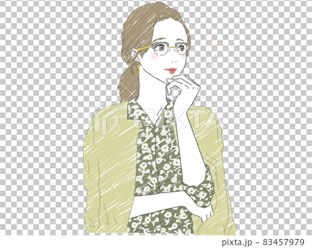 頬に手を当てて考え事をしている女性 83457979