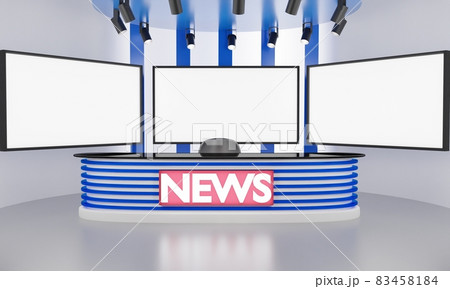 white table and lcd background in a news studio room.3d rendering. white table and lcd background in a news studio room.3d rendering. 83458184