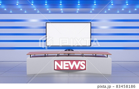 white table and lcd background in a news studio room.3d rendering. white table and lcd background in a news studio room.3d rendering. 83458186