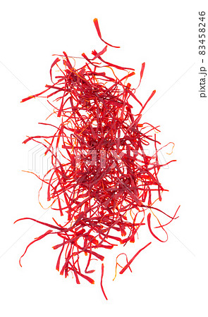 Saffron isolated on white background. Natural dry saffron threads, from crocus flowers. Clipping path. Top view. Saffron isolated on white background. Natural dry saffron threads, from crocus flowers. Clipping path. Top view. 83458246