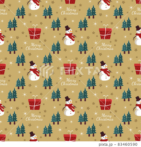 Seamless pattern with festive Christmas gift box, snowman, trees in snow and stars on gold background. Bright print for New Year and winter holidays for wrapping paper, textile and design 83460590