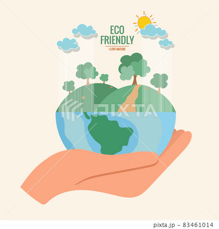 ECO FRIENDLY. Ecology concept with Green Eco Earth and Trees. Vector illustration. ECO FRIENDLY. Ecology concept with Green Eco Earth and Trees. Vector illustration. 83461014