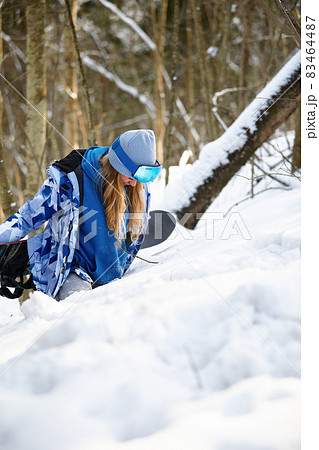 Close up portrait of snowboarder woman at ski resort wearing helmet and goggles with reflection of forest in mountains. Free copy space for your information. Close up portrait of snowboarder woman at ski resort wearing helmet and goggles with reflection of forest in mountains. Free copy space for your information. 83464487