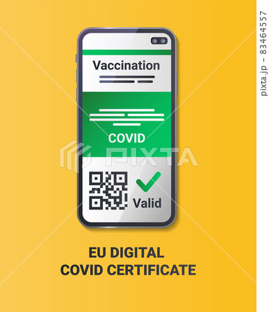 EU Digital COVID Certificate color flat element on a yellow background. EU Digital COVID Certificate color flat element on a yellow background. 83464557