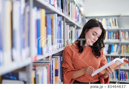 the student uses a notebook and a school library 83464637