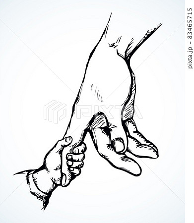 Children's hand holds on to mother's arm. Vector drawing 83465715