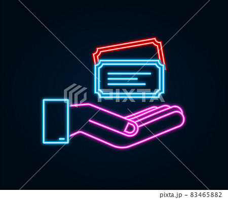 Realistic neon show ticket hanging over hands. Old premium cinema entrance tickets. Realistic neon show ticket hanging over hands. Old premium cinema entrance tickets. 83465882