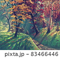 Autumn magic forest landscape painting art by oil on canvas, beautiful nature park artwork illustration, fantasy sunlight, colorful red, orange and yellow leaves, beautiful trees and hills. 83466446