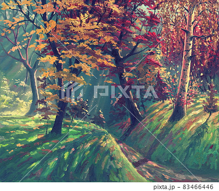 Autumn magic forest landscape painting art by oil on canvas, beautiful nature park artwork illustration, fantasy sunlight, colorful red, orange and yellow leaves, beautiful trees and hills. 83466446