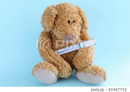 Children toy dog sits with medical thermometer closeup 83467752