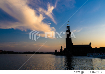 Stockholm City Hall Stadshuset tower at sunset, dusk, Sweden Stockholm City Hall Stadshuset tower at sunset, dusk, Sweden 83467937