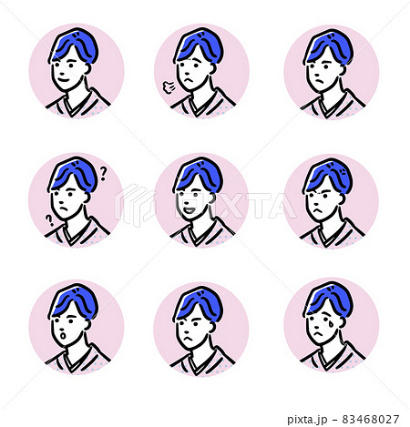 太線でポップな印象の髪を結った着物の女性の人物の表情アイコンのセットのイラスト素材