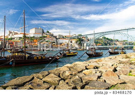 Wine boats on Douro River, old Porto Oporto city, Portugal 83468170