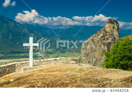 Big white cross of Holy Trinity Meteora Monastery, Kalabaka, Greece 83468208