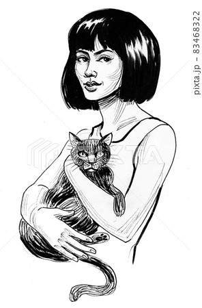 Pretty girl with a cat. Ink black and white drawing Pretty girl with a cat. Ink black and white drawing 83468322