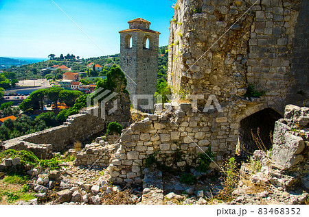 Old tower chapel and ruins of Stari Bar fortress, Montenegro Old tower chapel and ruins of Stari Bar fortress, Montenegro 83468352