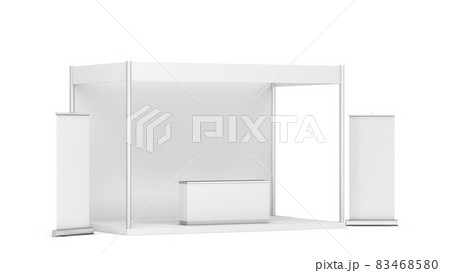 Blank tradeshow booth with counter and rollup banner 83468580