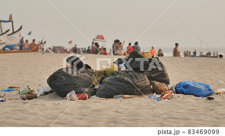 Pile of garbage on arambol beach. India. 83469099