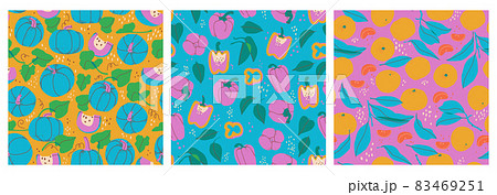 Set of decorative seamless patterns of fruits and vegetables, bell pepper, tangerine, pumpkin. Hand drawing pieces, twigs and leaves. Ideal for prints, posters, postcards. Vector trendy triptych. Set of decorative seamless patterns of fruits and vegetables, bell pepper, tangerine, pumpkin. Hand drawing pieces, twigs and leaves. Ideal for prints, posters, postcards. Vector trendy triptych. 83469251