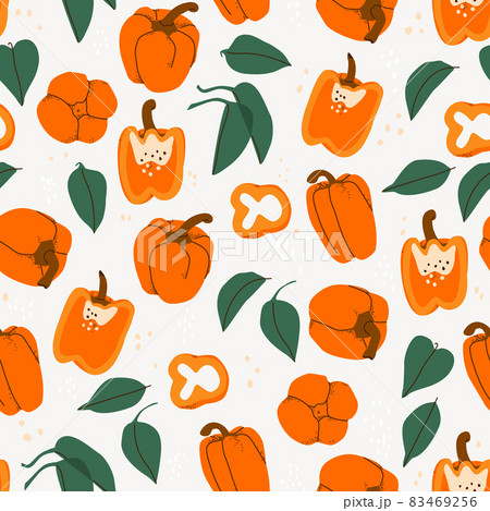 Vector seamless pattern with fruits, slices and leaves of bell pepper. Hand drawing paprika background. For design, print, textile, paper. Vector seamless pattern with fruits, slices and leaves of bell pepper. Hand drawing paprika background. For design, print, textile, paper. 83469256