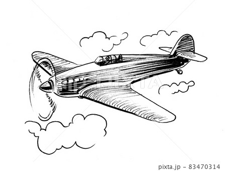 Vintage military aircraft. Ink black and white drawing 83470314