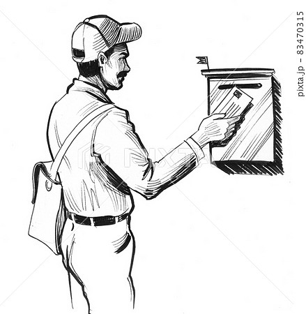 Postman delivering mail. Ink black and white drawing 83470315