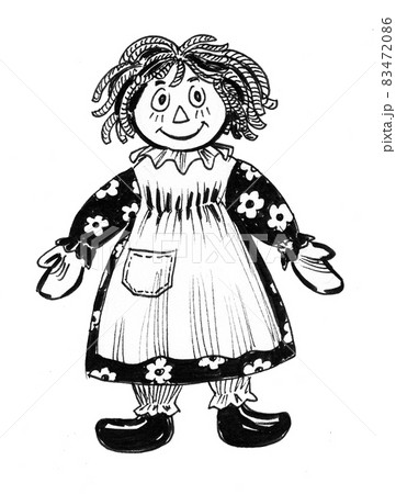 Cute doll. Ink black and white drawing 83472086