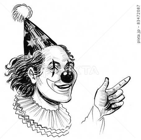 Clown character pointing up. Ink black and white drawing 83472087