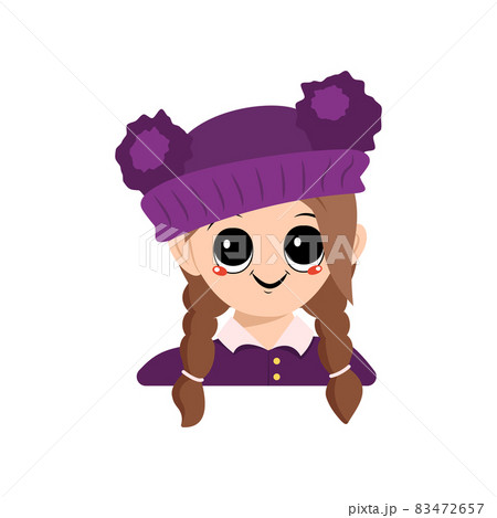 Avatar of a girl with big eyes and a wide happy smile in a purple hat with a pompom. Head of a child with a joyful face Avatar of a girl with big eyes and a wide happy smile in a purple hat with a pompom. Head of a child with a joyful face 83472657