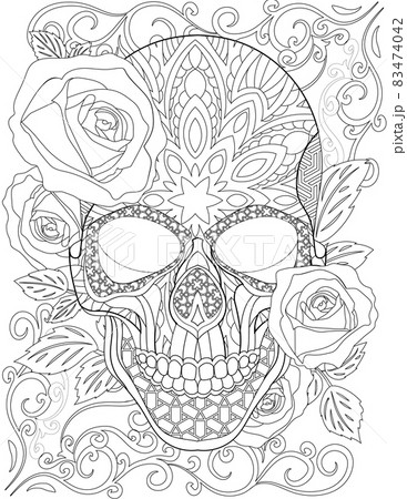Tattoo Skull Line Drawing Surrounded By Pretty Roses And Pleasant Leaves With His Mouth Closed. Scary Sceleton Head Drawing Enclosed Beautiful Flowers. 83474042