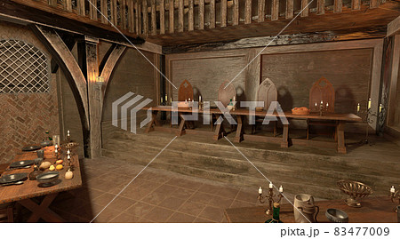 Medieval castle great hall interior 3d illustration Medieval castle great hall interior 3d illustration 83477009