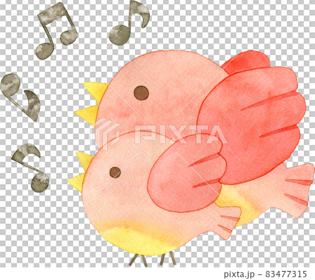 歌を歌うピンク色の鳥の親子の水彩イラスト(音符付き) 83477315