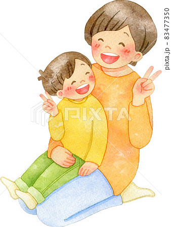 笑顔でピースをする親子(全身、抱っこ)のイラスト素材 [83477350] - PIXTA