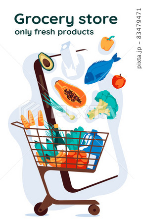 Grocery store delivery concept. Technology fast service order by smartphone. Big choice of goods. Flat cartoon vector illustration Grocery store delivery concept. Technology fast service order by smartphone. Big choice of goods. Flat cartoon vector illustration 83479471