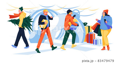 People with Christmas gifts in boxes and shopping bags for winter holidays. Men and women carry New Year presents in the mall. Flat graphic vector illustrations isolated on white People with Christmas gifts in boxes and shopping bags for winter holidays. Men and women carry New Year presents in the mall. Flat graphic vector illustrations isolated on white 83479479
