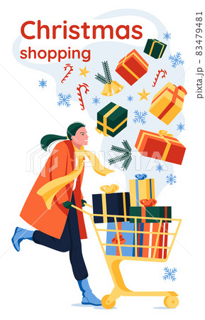 Happy young woman rolling supermarket trolley full of christmas gifts. Holiday decoration elements. Discount banner and flyer, Flat cartoon vector illustration Happy young woman rolling supermarket trolley full of christmas gifts. Holiday decoration elements. Discount banner and flyer, Flat cartoon vector illustration 83479481