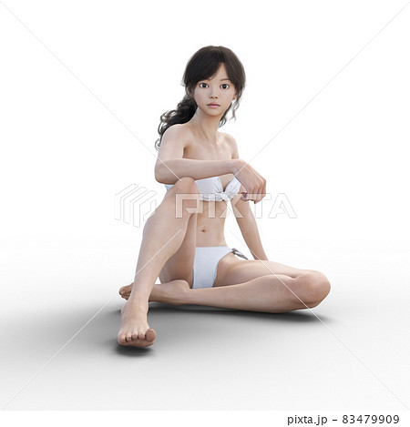 床に座った白い水着の女性　　perming3DCG　イラスト素材 83479909