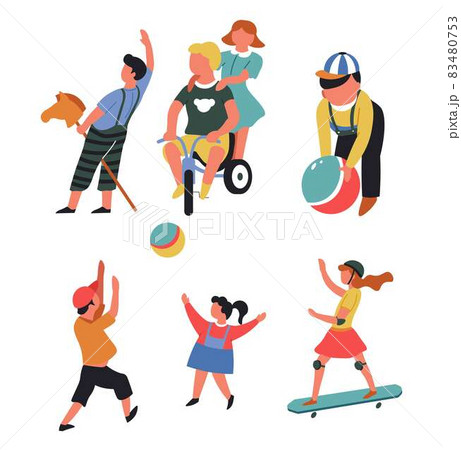 Children playing outdoor toys bicycle and skateboard isolated characters Children playing outdoor toys bicycle and skateboard isolated characters 83480753