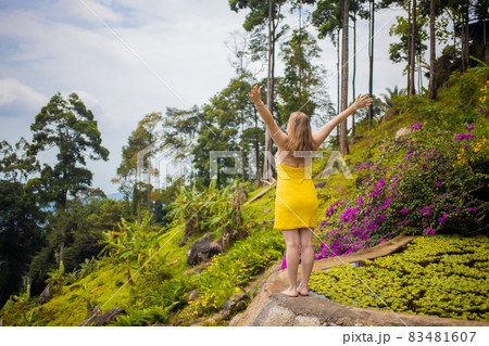 young woman in a dress spread her arms in front of a tropical forest. back view 83481607