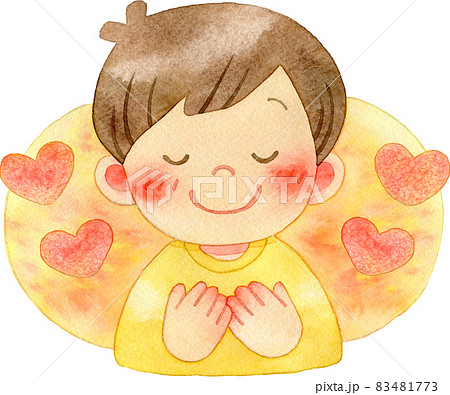 胸に手を当てて目を閉じる子供の水彩イラスト(男の子、シンプルな