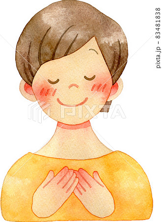 胸に手を当てて目を閉じる女性の水彩イラスト 83481838