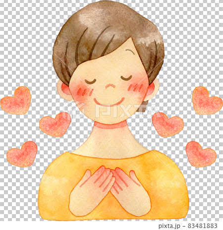 一個女人把手放在胸前閉上眼睛的水彩插圖（用心） 83481883