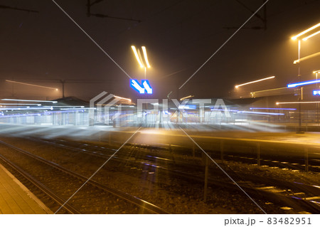 Abstract night scene of Kouvola railway station in zoom blur effect. Abstract night scene of Kouvola railway station in zoom blur effect. 83482951