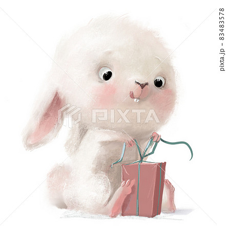 Cute White Hare Character With Pink Present Boxのイラスト素材 4578