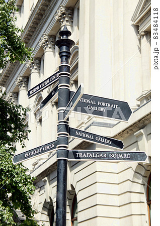 Street signpost giving directions to National Gallery, Trafalgar Square and Piccadilly Circus in London England Street signpost giving directions to National Gallery, Trafalgar Square and Piccadilly Circus in London England 83484118