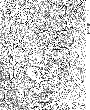Squirrels Resting On A Wildlife Forest With Tall Trees Sun Up High Colorless Line Drawing. Wild Chipmunks Playing On Jungle Covered With Leaves Coloring Book Page. 83484622