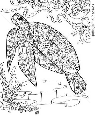 Large Sea Turtle Below The Ocean Swimming Upward Colorless Line Drawing. Huge Aquatic Tortoise Swims Up Coloring Book Page. 83484623