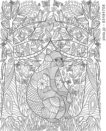 Large Rodent Sitting Between Two Trees In Forest Background With Insects Flying Colorless Line Drawing. Forest With Large Animal Coloring Book Page. 83484708